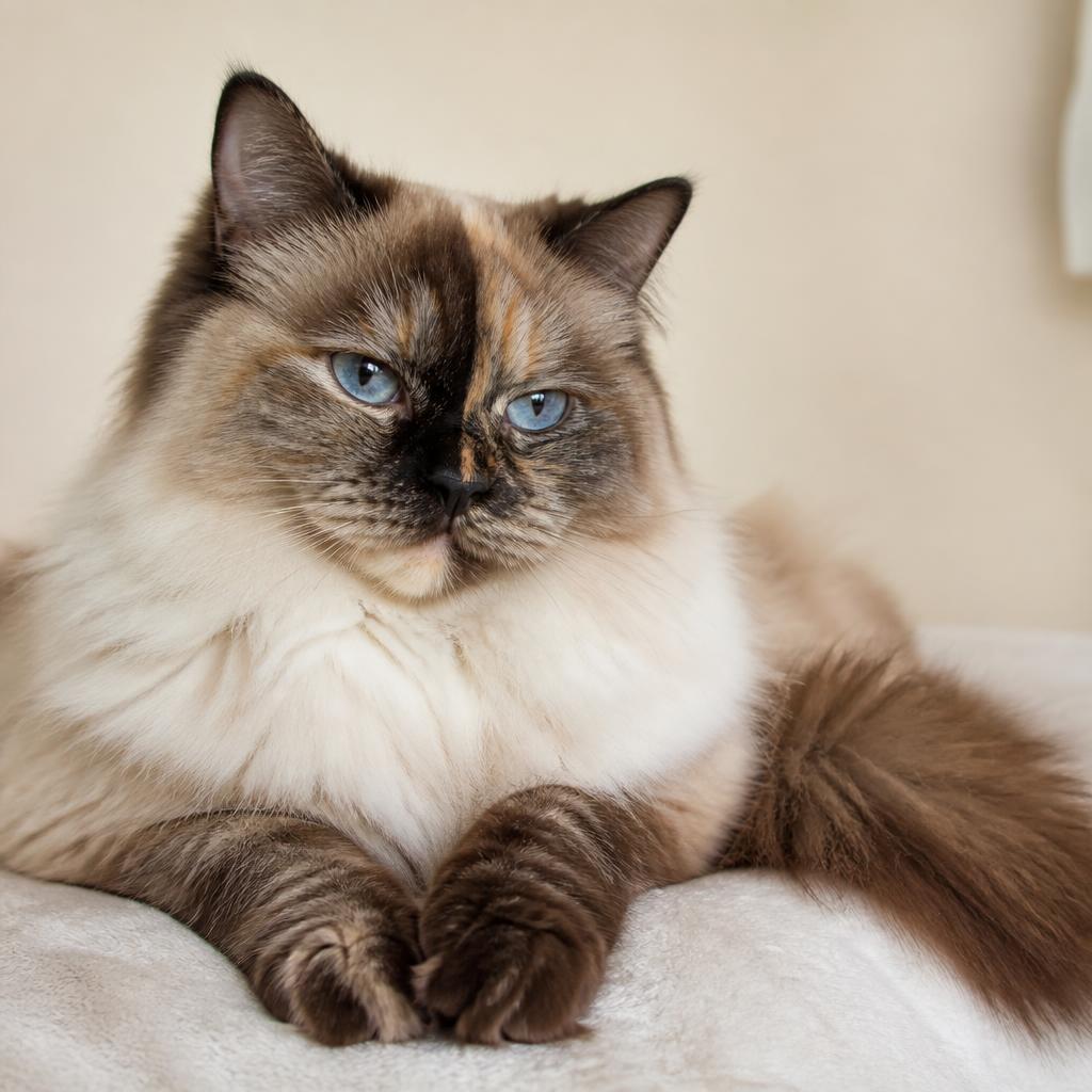 Chocolate Tortie Point Ragdoll cat with chocolate and orange patches