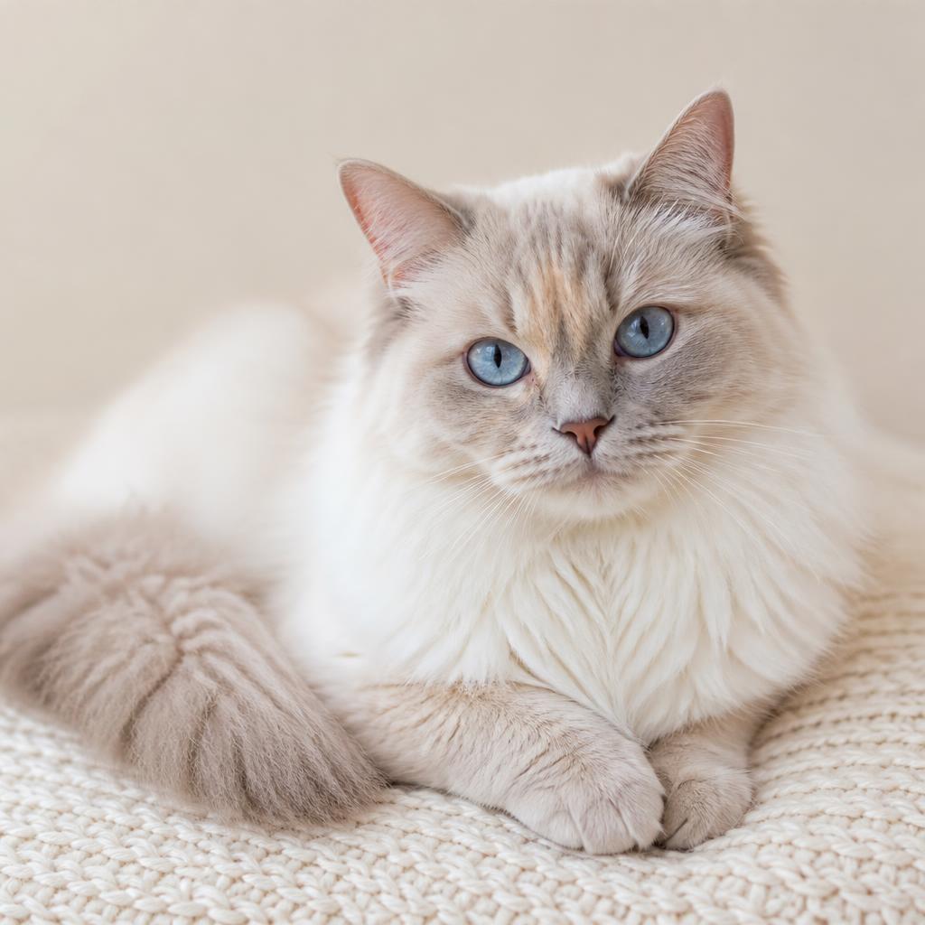 Lilac-Cream Tortie Point Ragdoll cat with lilac and cream patches
