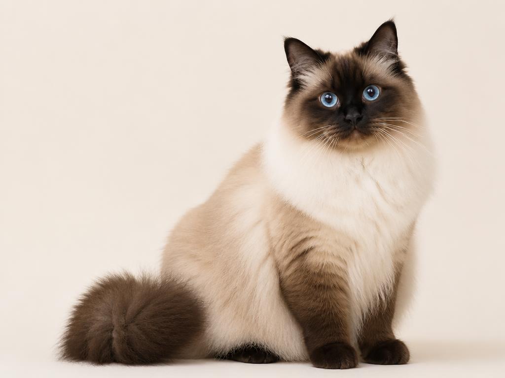 Seal Point Ragdoll cat with dark brown points and blue eyes